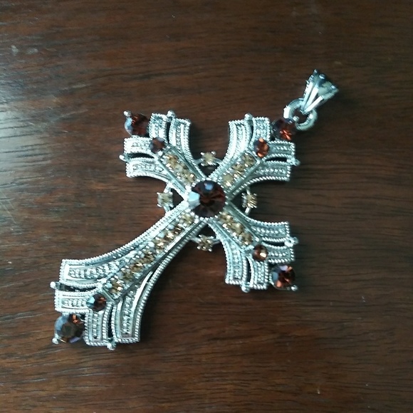 Vintage cross with orange crystals pendant - Picture 2 of 8